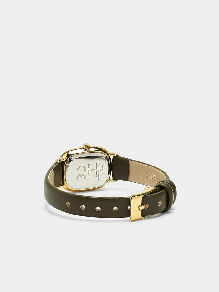 Deri Efektli Kayışlı Dikdörtgen Saat