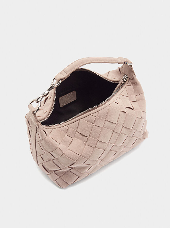Deri Efektli Örme Çapraz Askılı Çanta