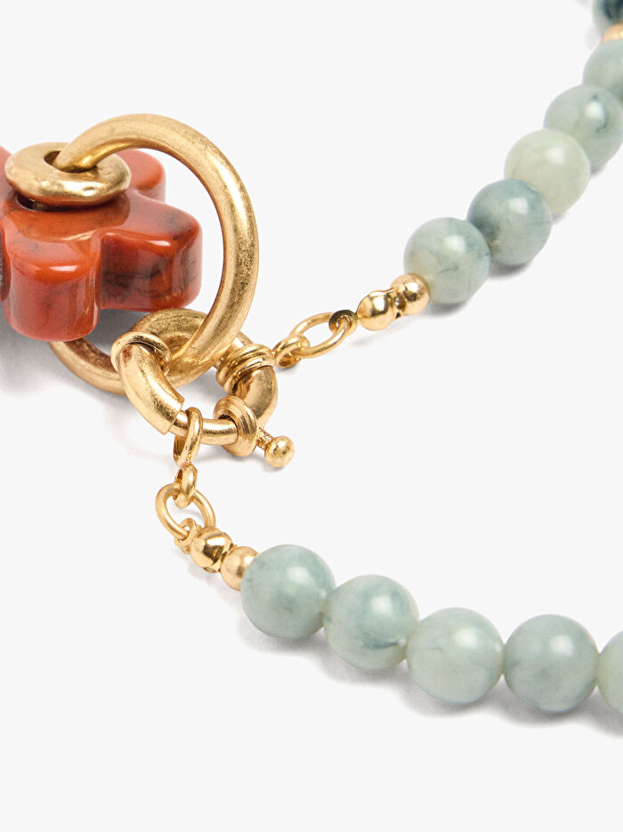 Taş Boncuklu Resin Çiçek  Kısa Kolye.