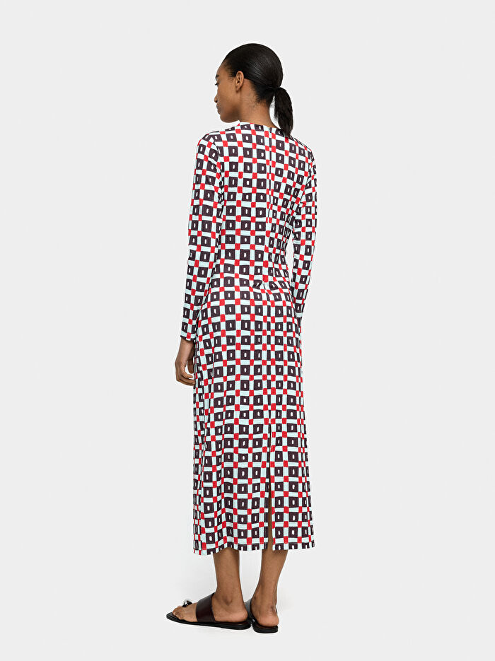 Drapeli Kare Desenli Elbise