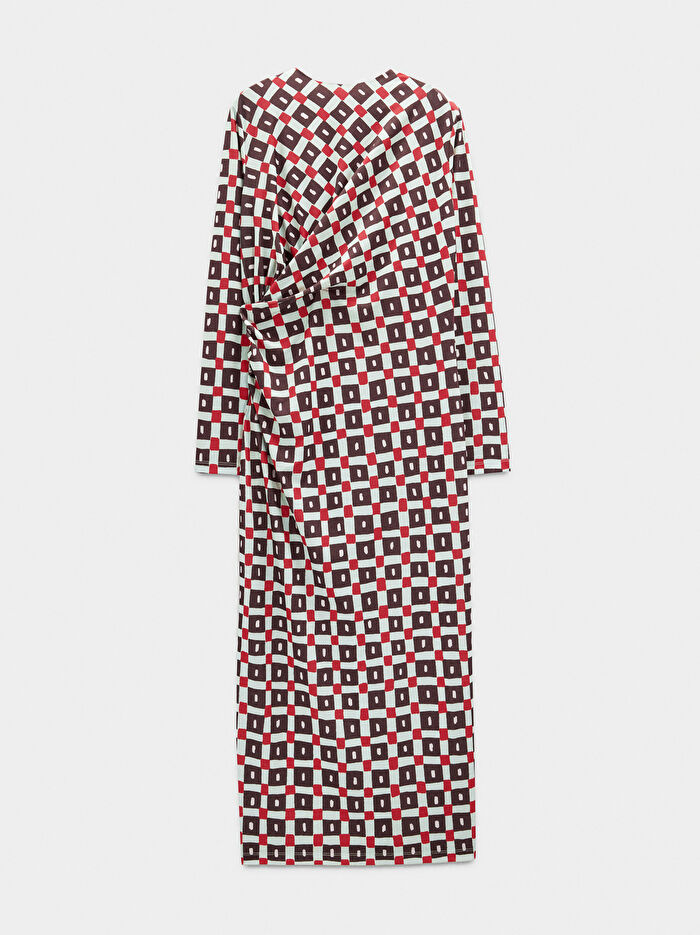 Drapeli Kare Desenli Elbise