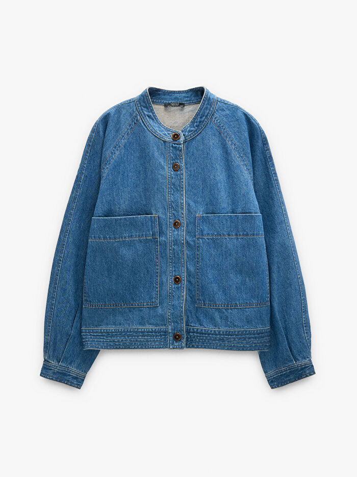 Mandarin Yakalı %100 Pamuk Denim Gömlek