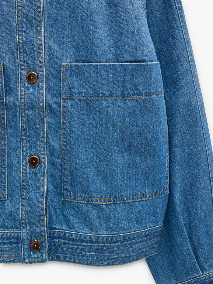 Mandarin Yakalı %100 Pamuk Denim Gömlek