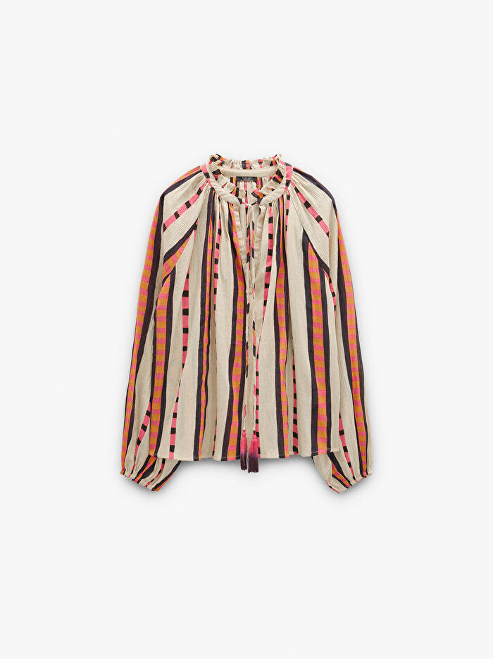 %100 Pamuk Kontrast Desenli Bluz