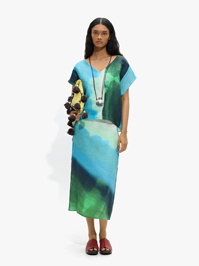 %100 Keten Midi Desenli Etek