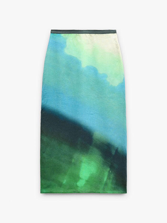 %100 Keten Midi Desenli Etek