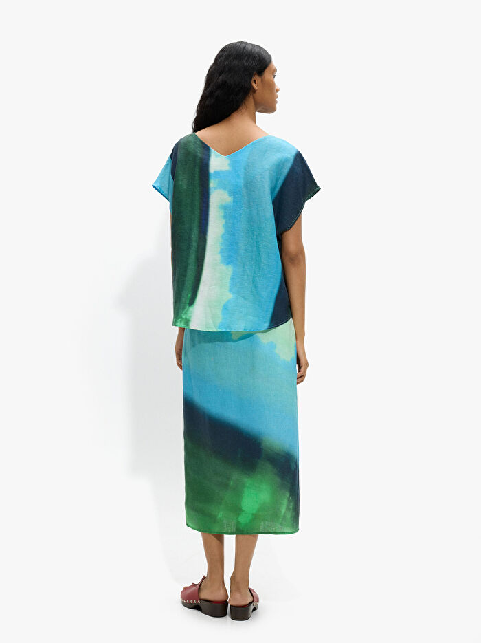 %100 Keten Desenli Bluz