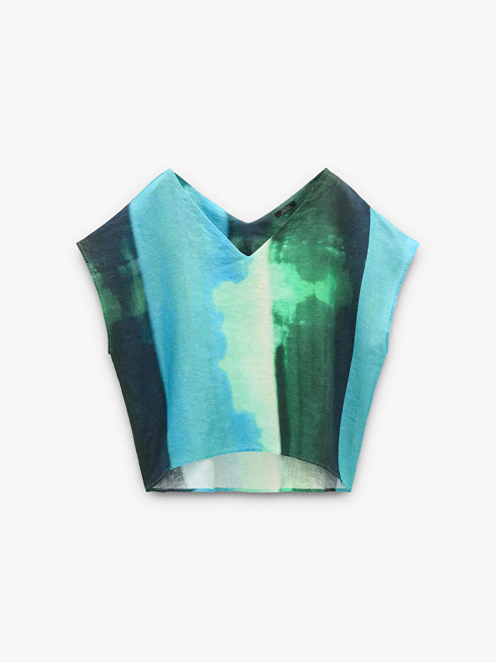 %100 Keten Desenli Bluz