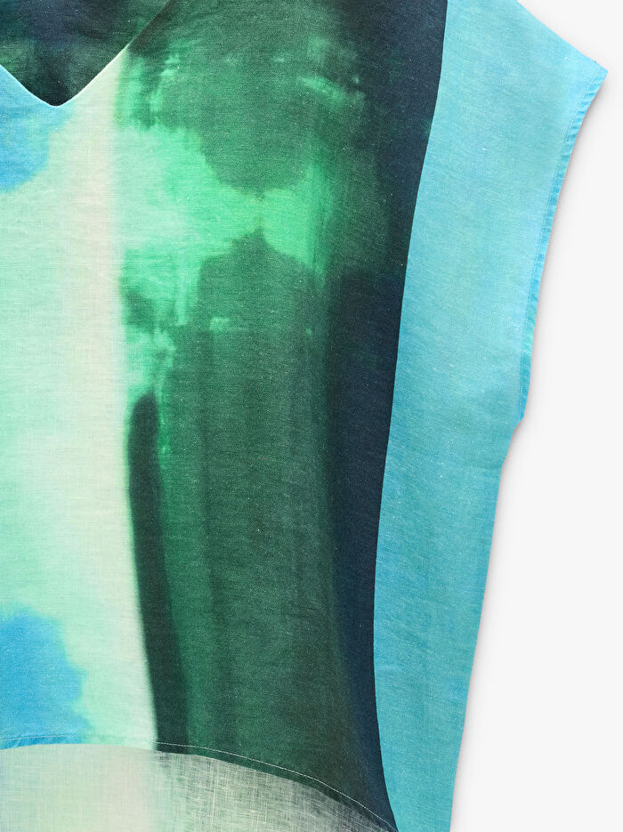 %100 Keten Desenli Bluz