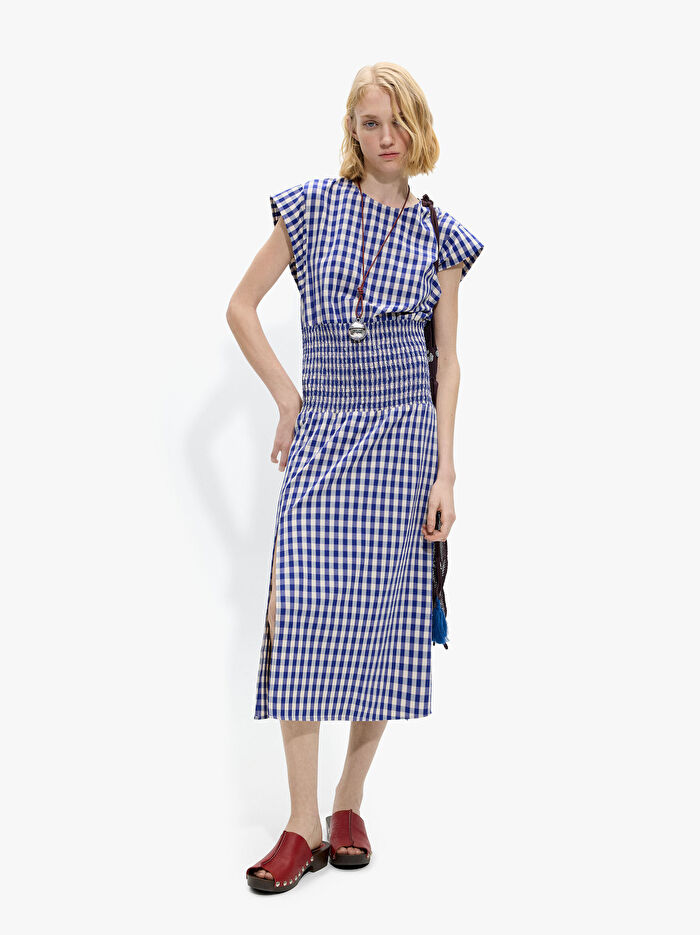 Kareli ve Büzgülü Detaylı Midi Elbise