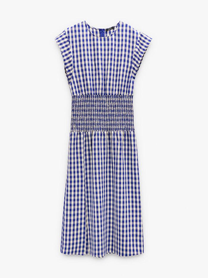 Kareli ve Büzgülü Detaylı Midi Elbise