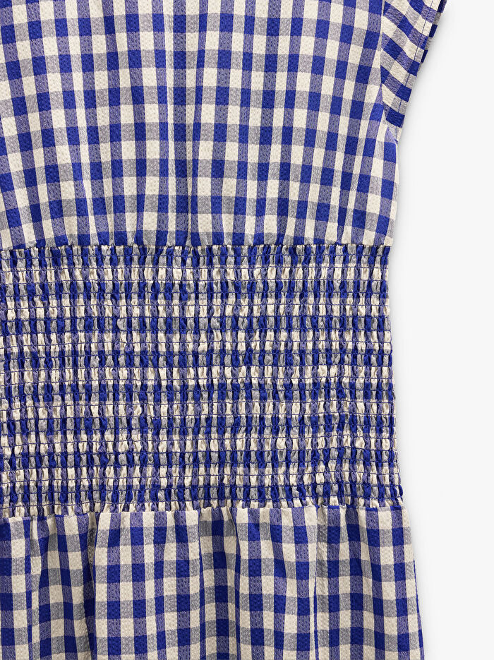 Kareli ve Büzgülü Detaylı Midi Elbise