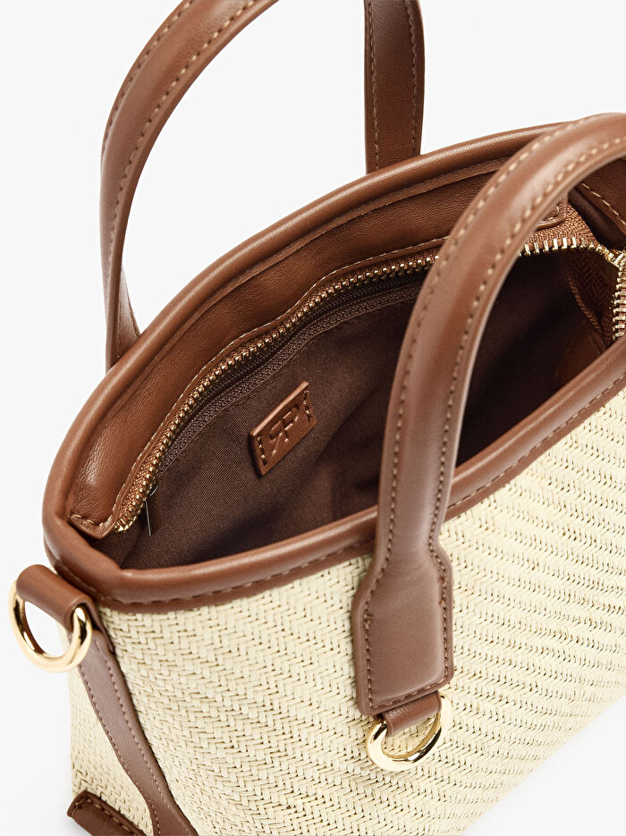 Çapraz Askılı Hasır Efektli Tote Çanta