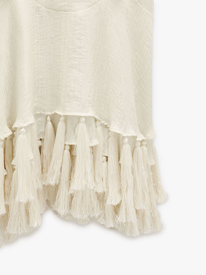 Püsküllü Askılı Dökümlü Elbise