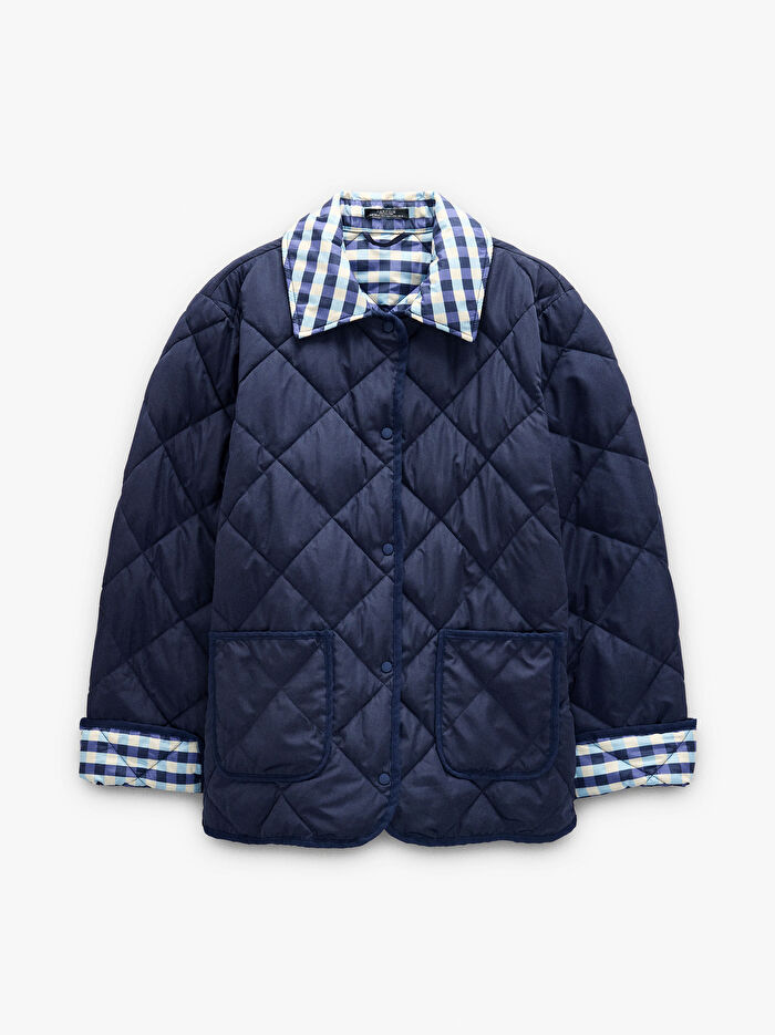 Kareli Yaka ve Manşetli Kapitone Ceket