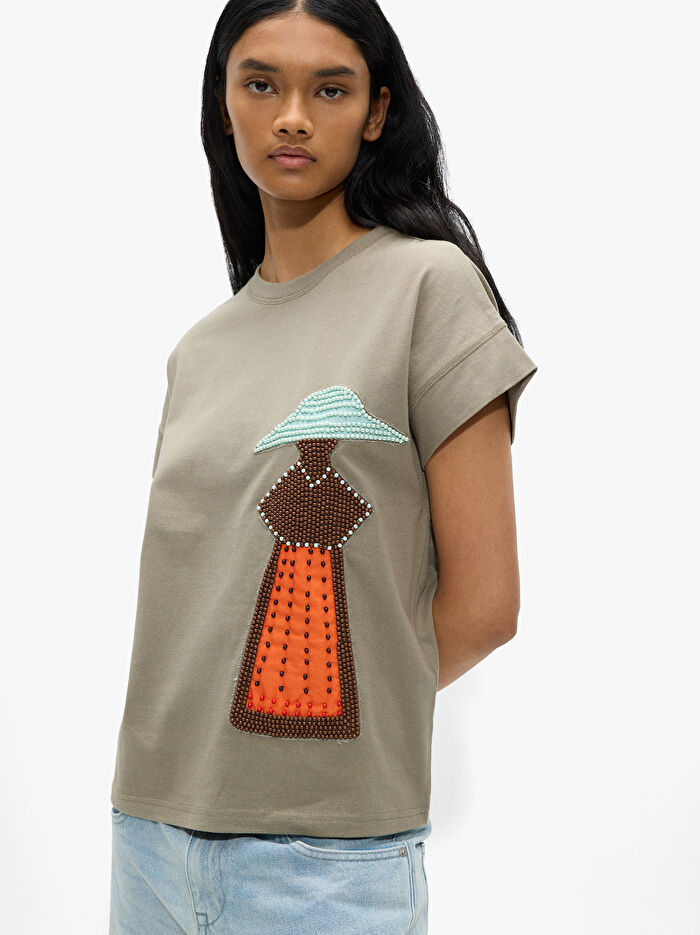 Boncuk Detaylı Pamuklu T-Shirt