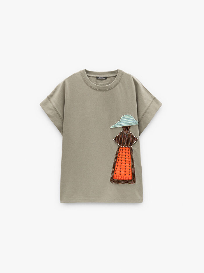 Boncuk Detaylı Pamuklu T-Shirt