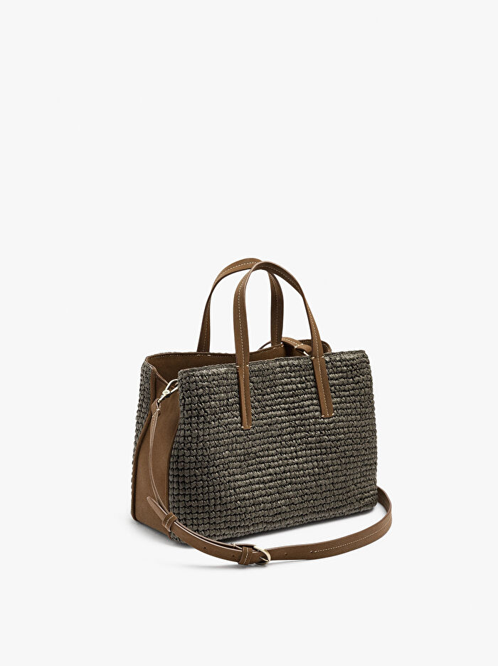 Çapraz Askılı Hasır Efektli Tote Çanta