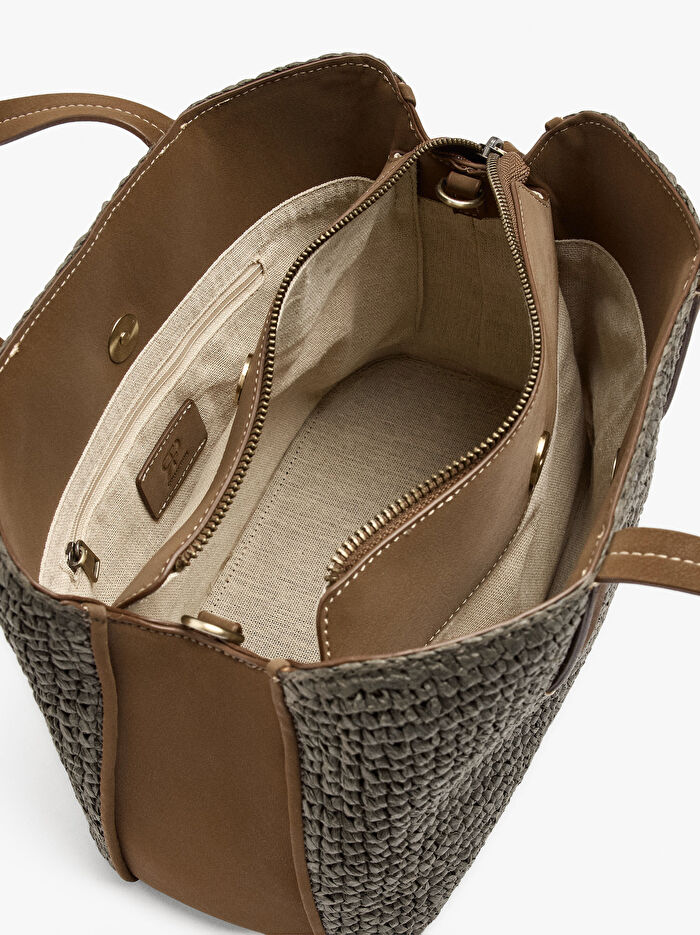 Çapraz Askılı Hasır Efektli Tote Çanta