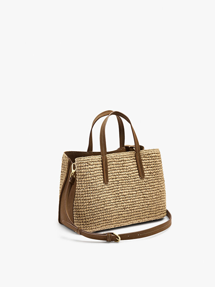 Çapraz Askılı Hasır Efektli Tote Çanta