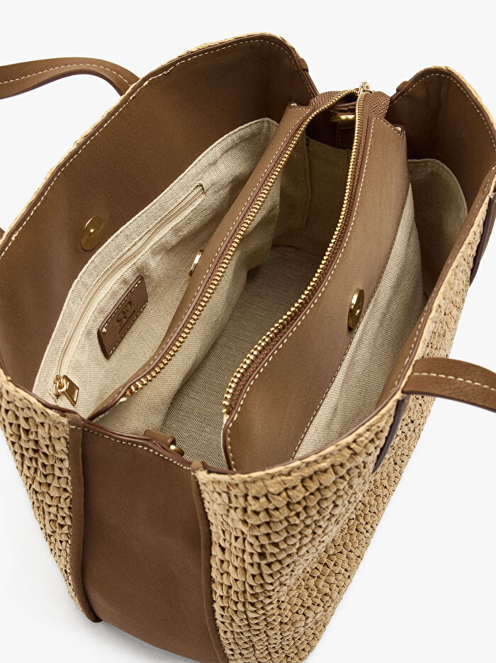 Çapraz Askılı Hasır Efektli Tote Çanta