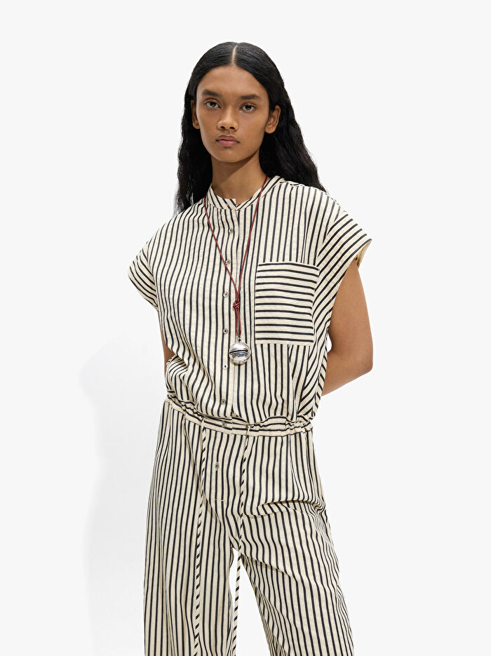 Çizgili Mandarin Yakalı Tulum