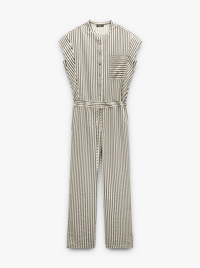 Çizgili Mandarin Yakalı Tulum