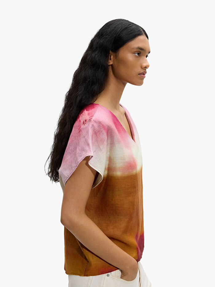 %100 Keten Desenli Bluz