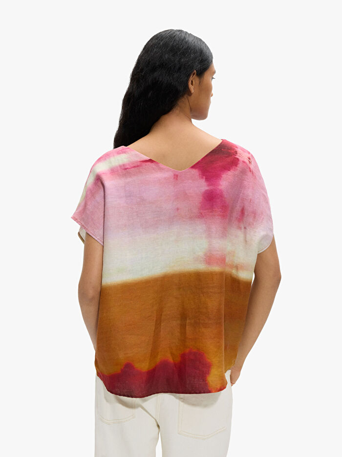 %100 Keten Desenli Bluz