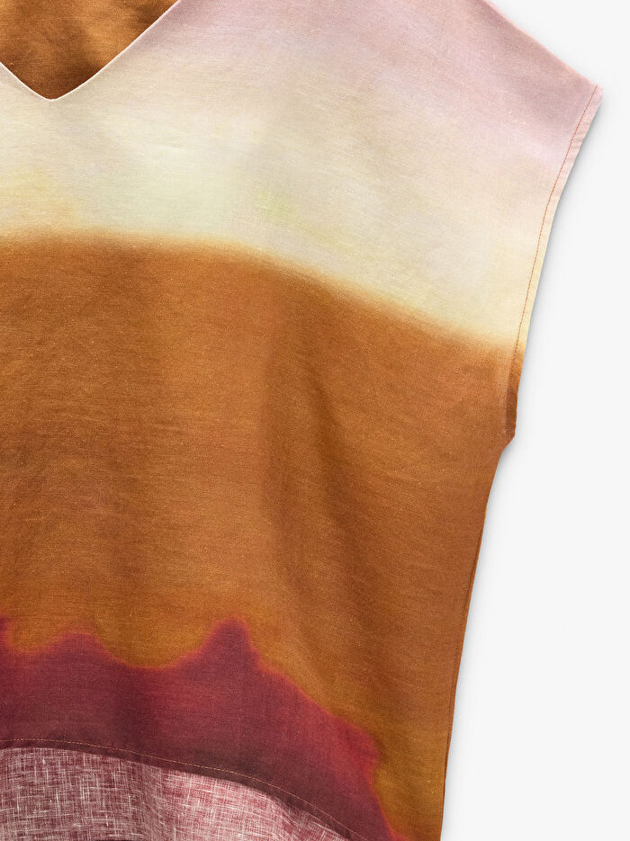 %100 Keten Desenli Bluz