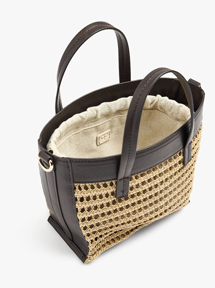 Çapraz Askılı Hasır Efektli Tote Çanta