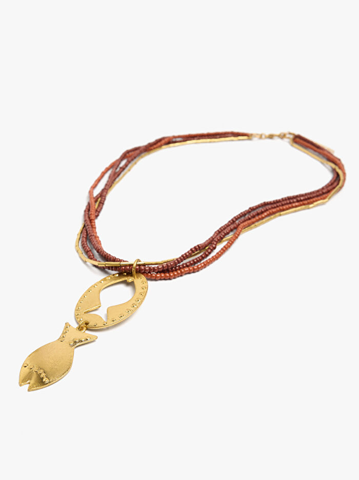 Balık Charm'lı Çok Sıralı Boncuk Kolye