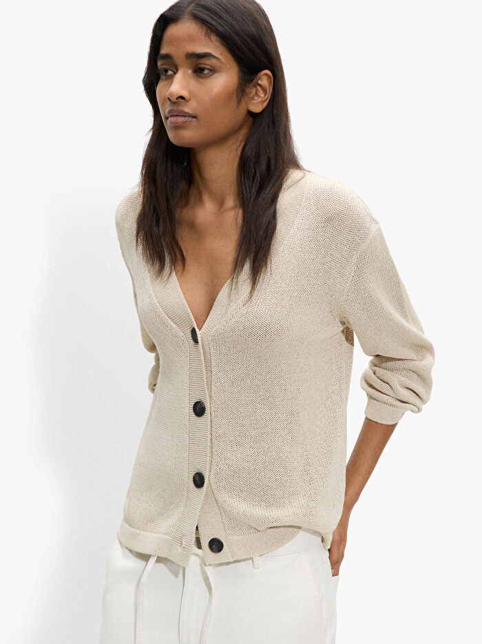 Kontrast Düğmeli Örgü Hırka