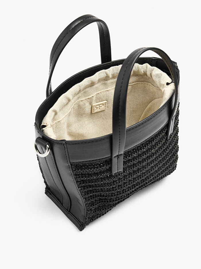 Çapraz Askılı Hasır Efektli Tote Çanta