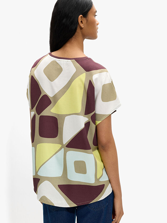%100 Liyosel Geometrik Desenli Bluz