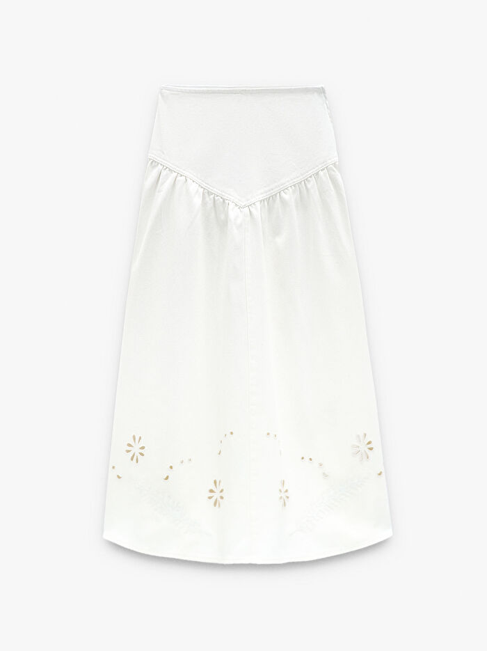 %100 Pamuk Nakışlı Denim Etek