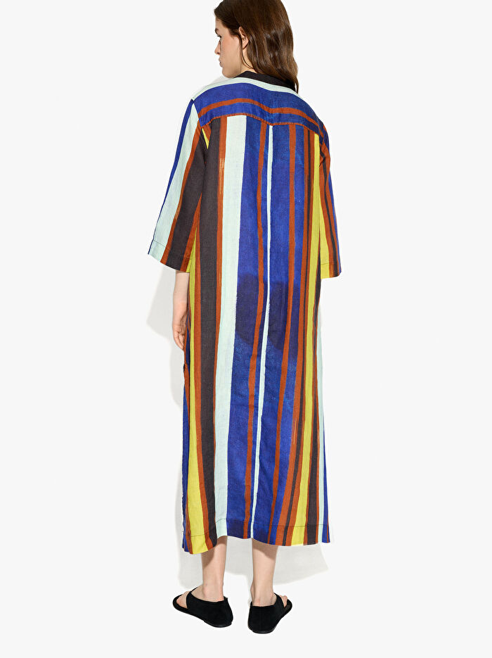 %100 Keten Uzun Çizgili Elbise