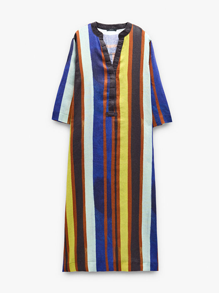 %100 Keten Uzun Çizgili Elbise