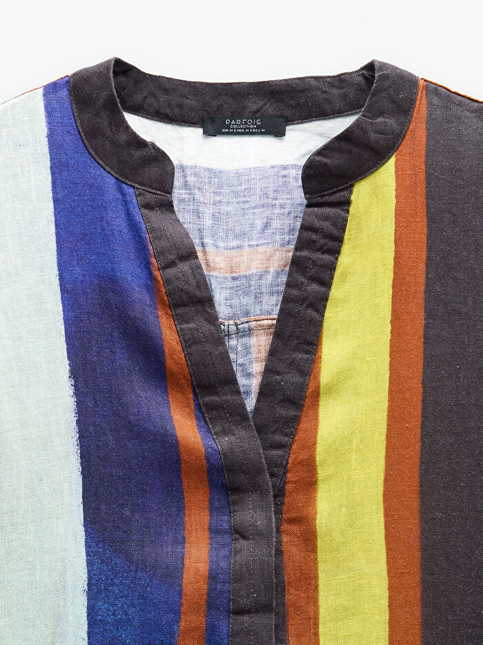 %100 Keten Uzun Çizgili Elbise