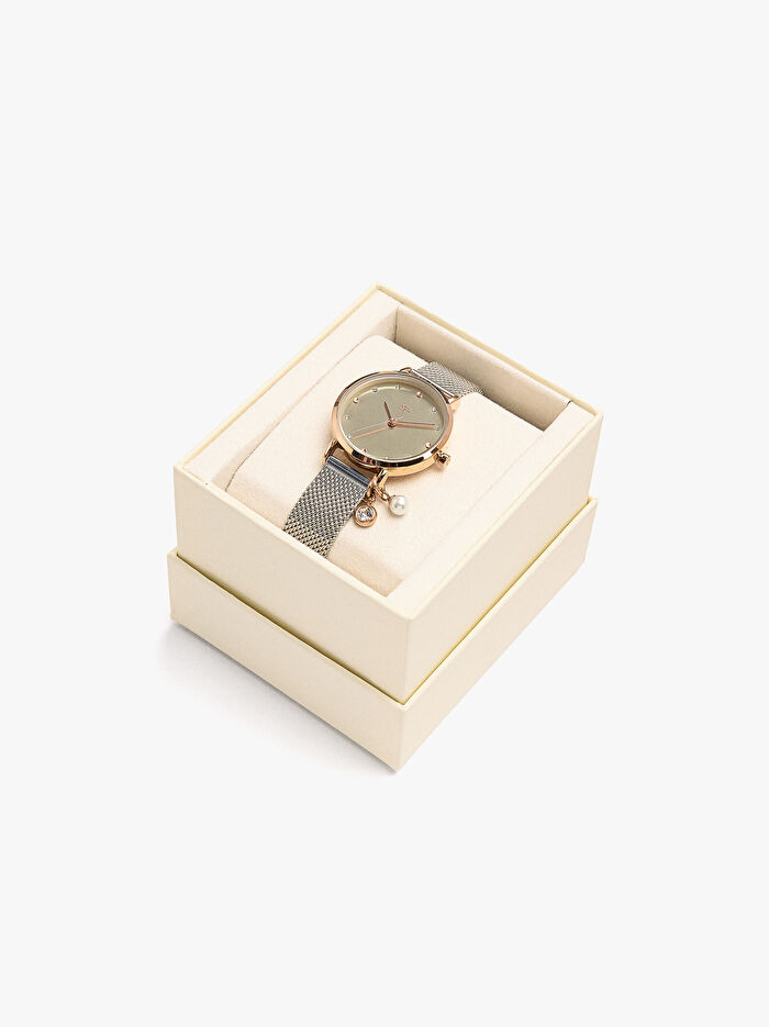 İki Renkli Paslanmaz Çelik Metal Hasır Kayışlı Saat