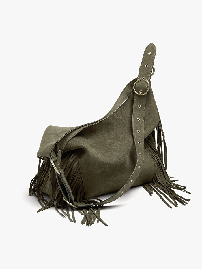 Deri Görünümlü ve Uzun Püsküllü Omuz Çantası