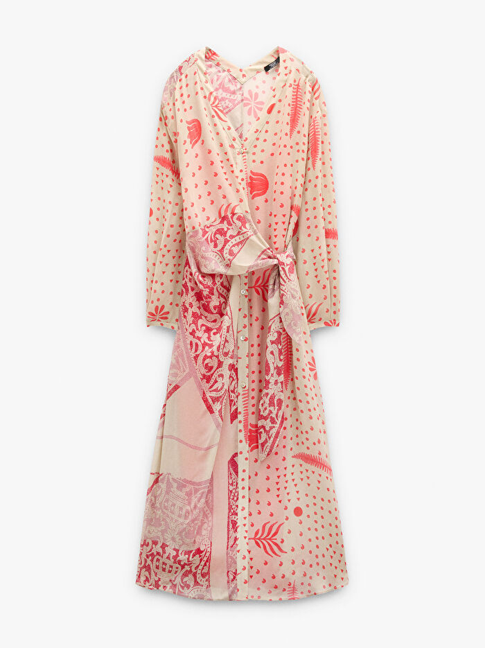 Drapeli ve Düğümlü Midi Desenli Elbise