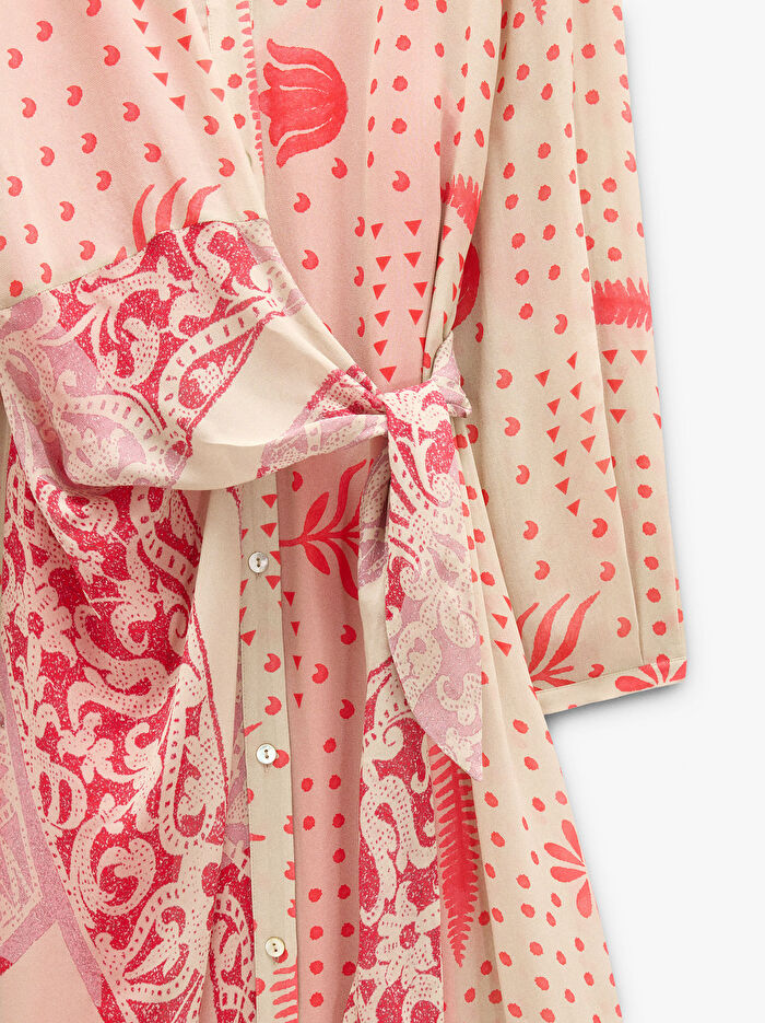 Drapeli ve Düğümlü Midi Desenli Elbise