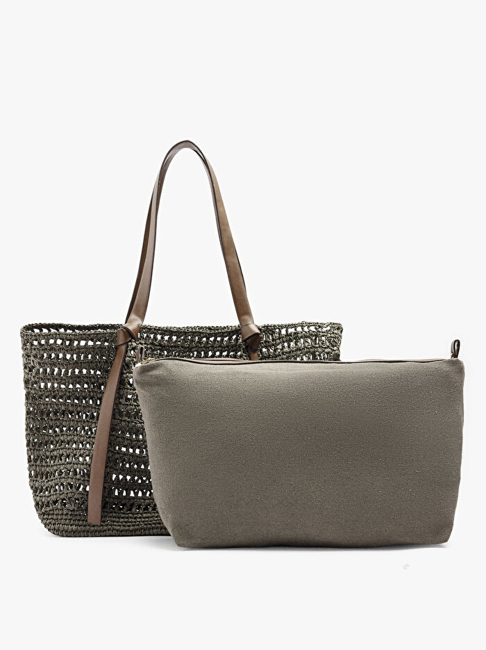 İçi Çıkarılabilir Hasır Görünümlü Shopper Çanta