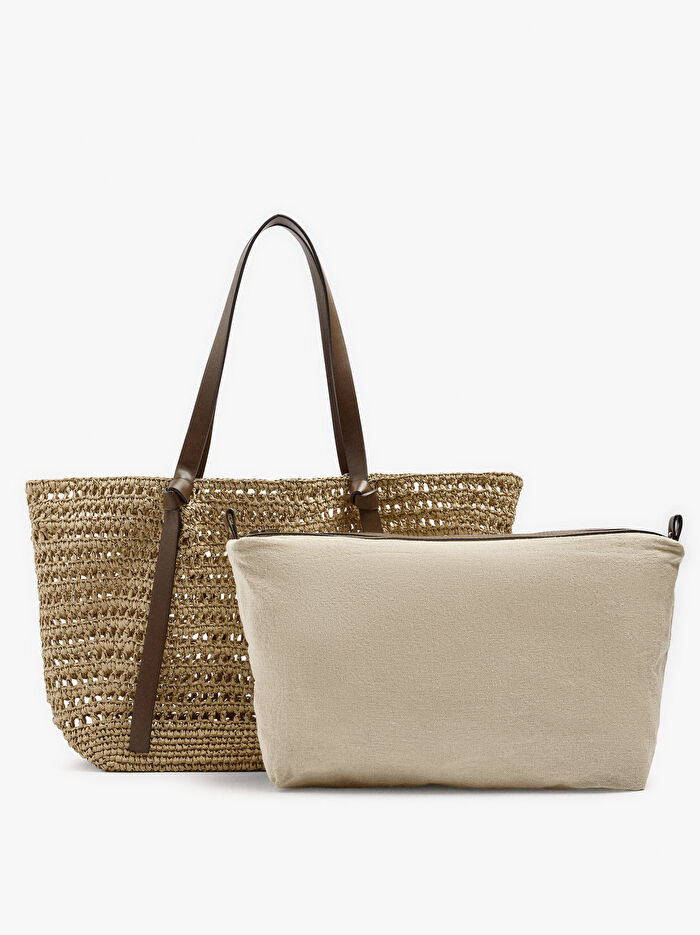 İçi Çıkarılabilir Hasır Görünümlü Shopper Çanta
