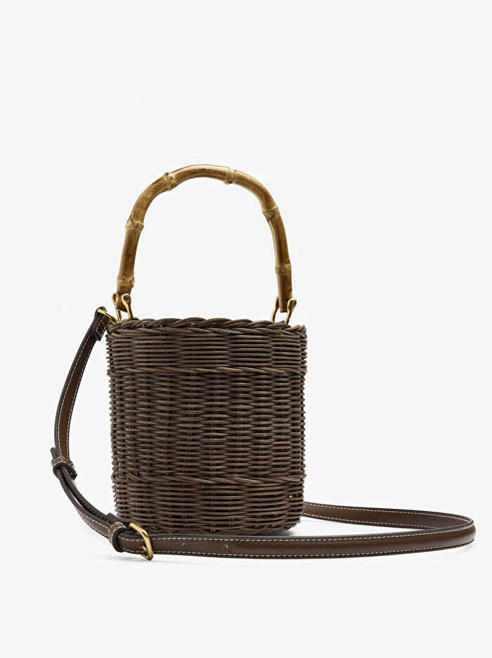 Bambu Detaylı Hasır Bucket Çanta