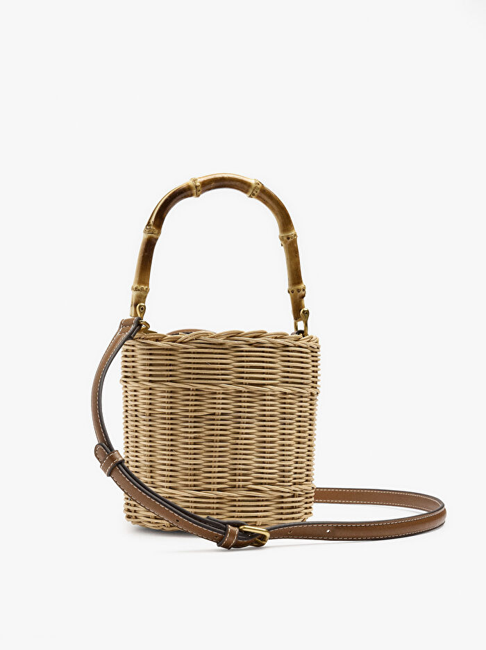 Bambu Detaylı Hasır Bucket Çanta