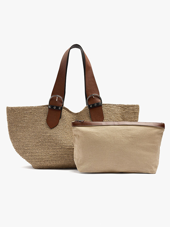 İçi Çıkarılabilir Hasır Görünümlü Shopper Çanta