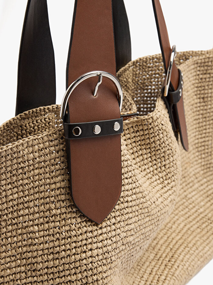 İçi Çıkarılabilir Hasır Görünümlü Shopper Çanta