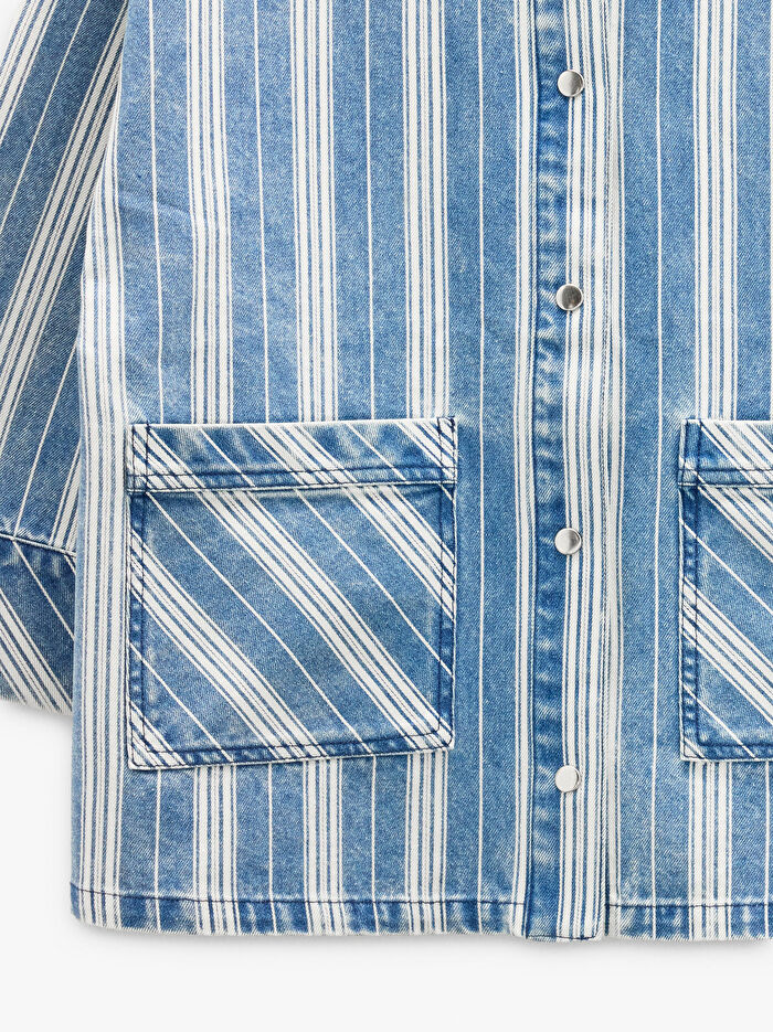 Pamuklu Çizgili Denim Gömlek